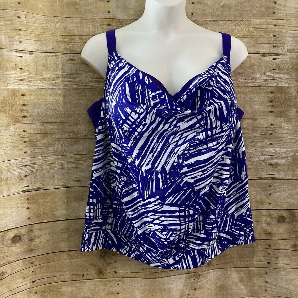 Swimsuits For All Tankini Swimsuit Top Size 46D Blue Print Built in Bra NEW